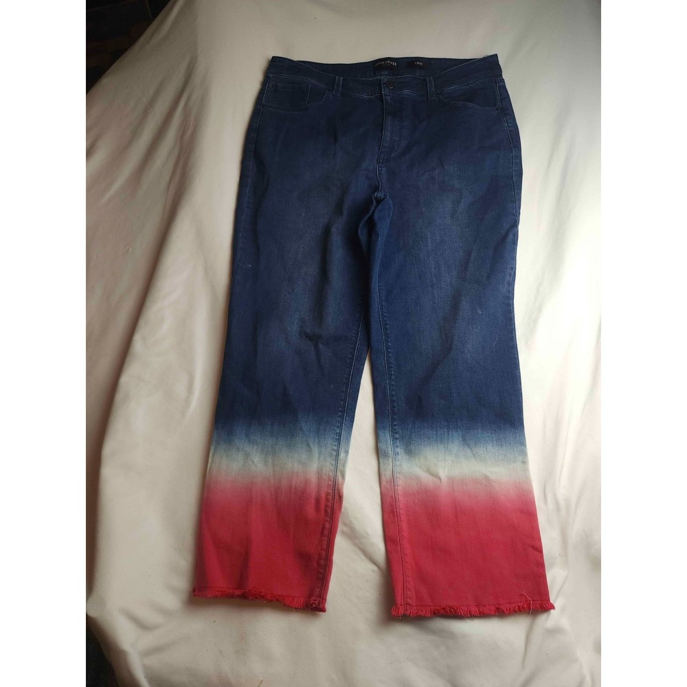 Susan Graver Crop Jeans Womens Size 14 Blue Red Denim Ombre Dip Dyed Frayed Hem